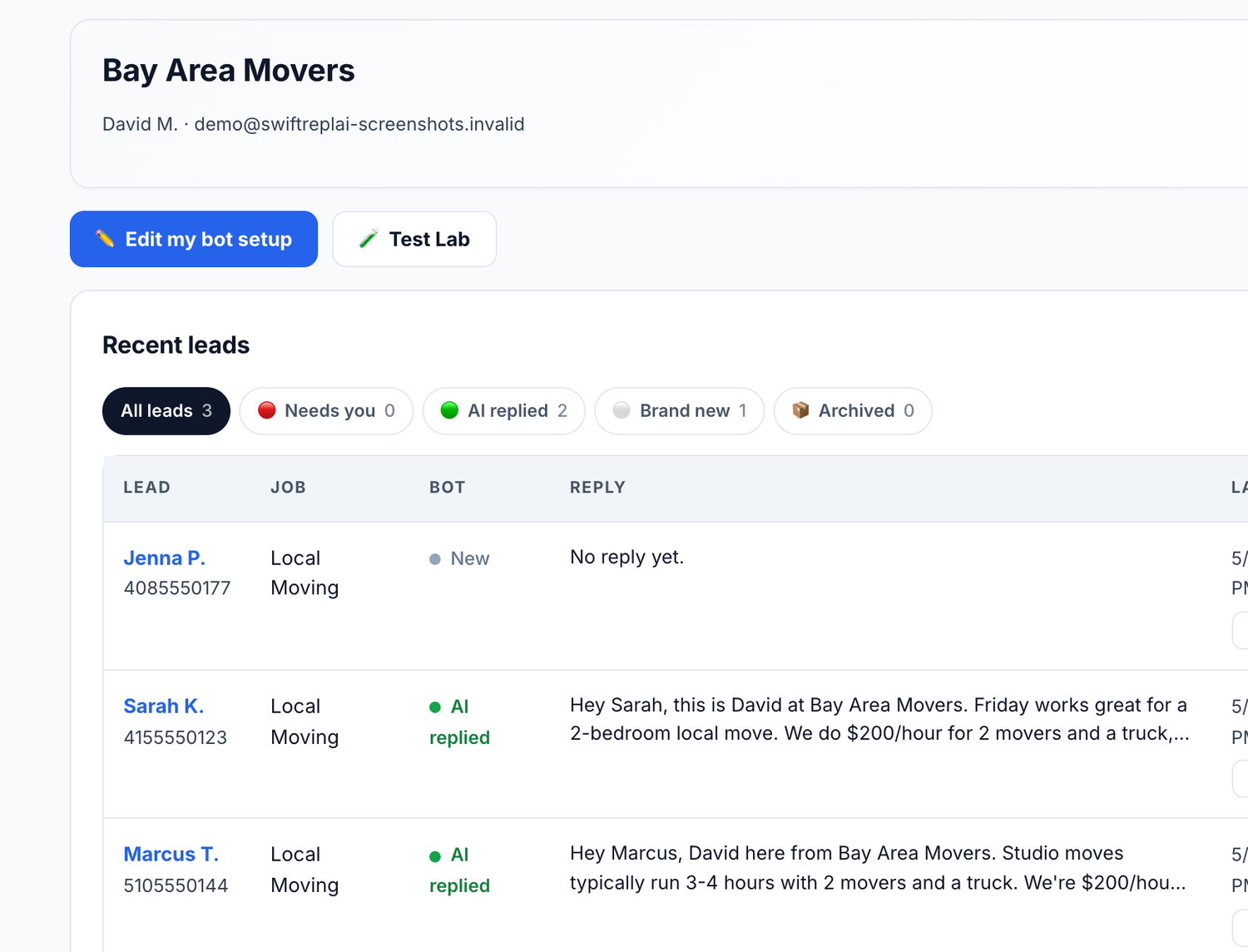 The SwiftReplAI dashboard showing recent Thumbtack leads with AI replies and a Take over button