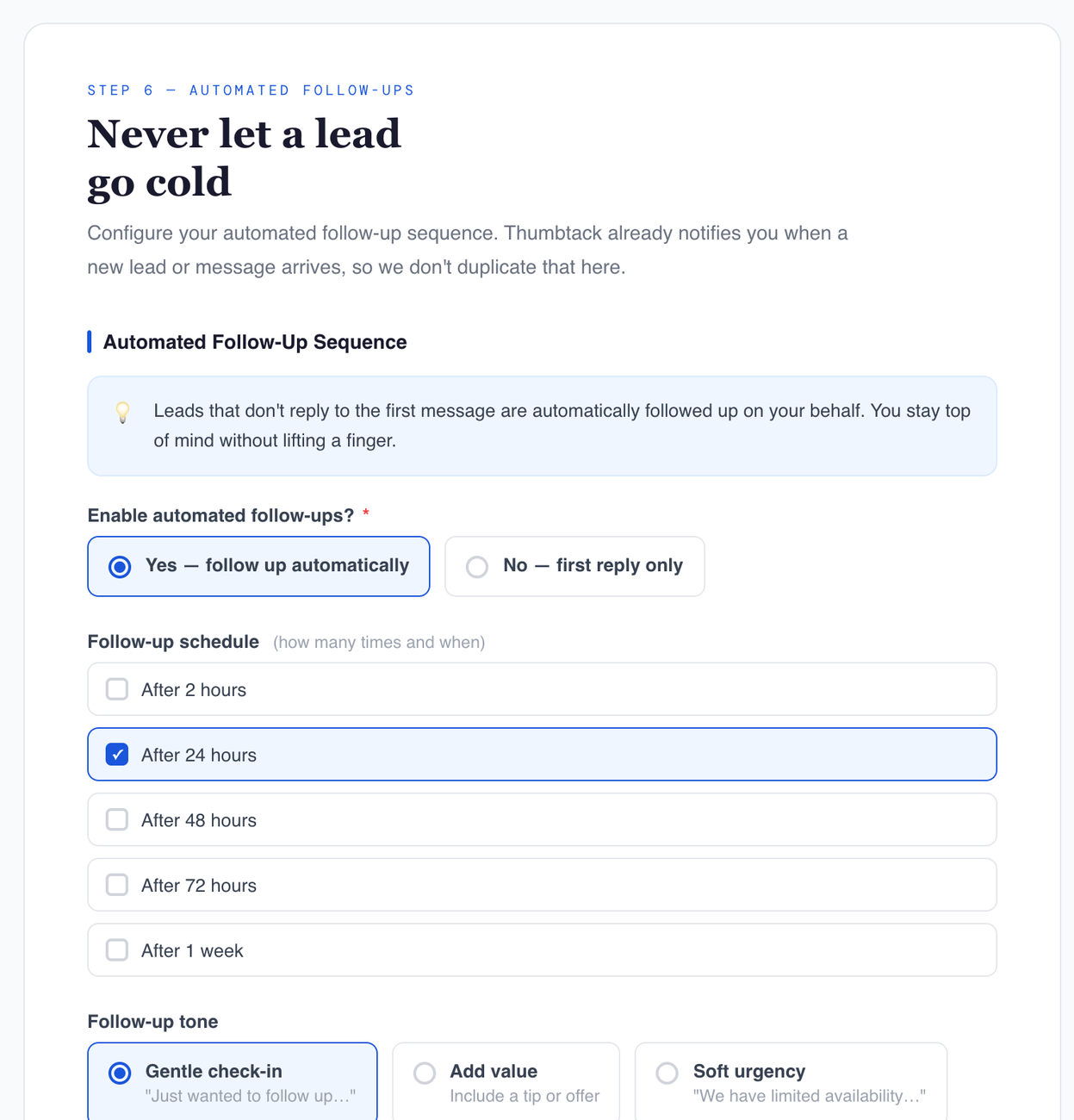 The SwiftReplAI setup wizard configuring automated follow-ups for a business