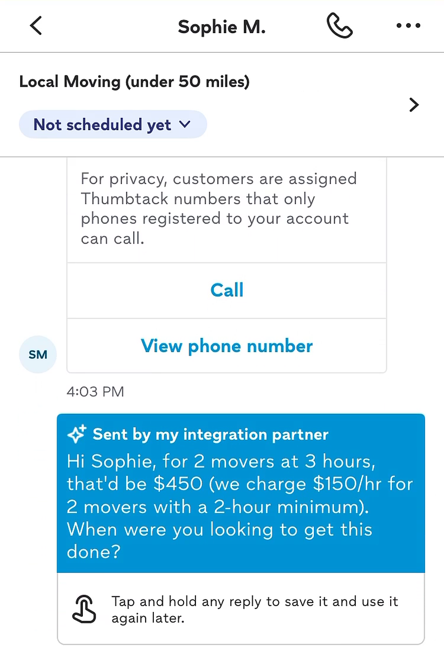 A new Thumbtack moving lead answered instantly by SwiftReplAI with a price quote