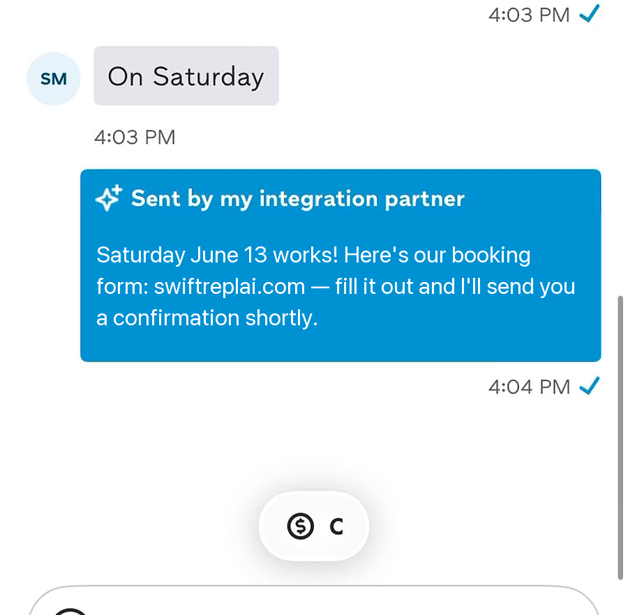 SwiftReplAI booking the job inside the Thumbtack message thread