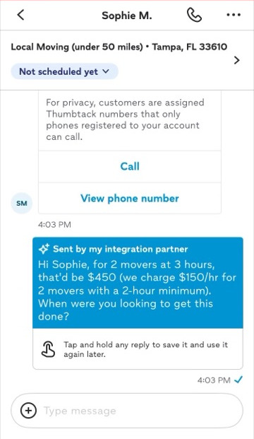 SwiftReplAI's reply already sent in the Thumbtack conversation