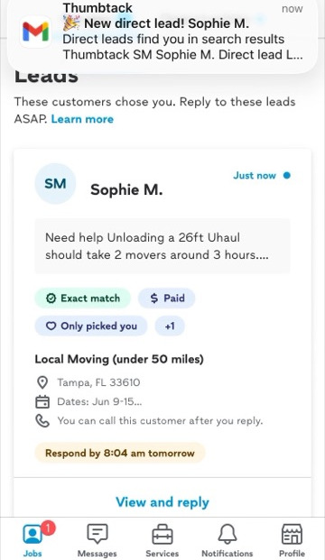 A new Thumbtack lead arriving on a phone