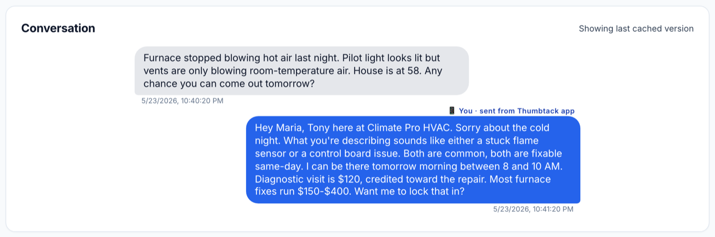The AI replies to a Thumbtack lead in a personalized, on-brand voice