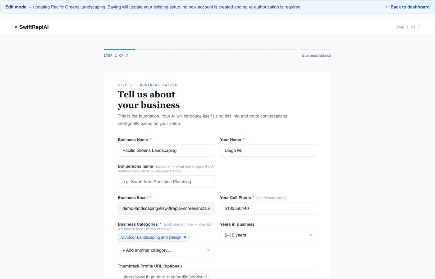 Bot settings form showing business name, categories, and contact info