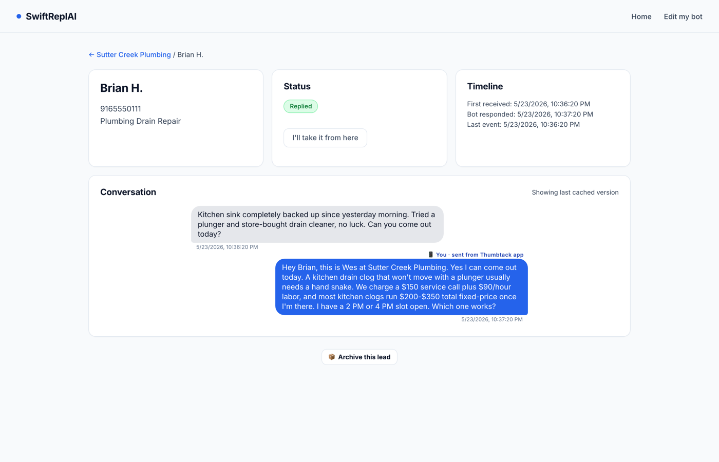 Conversation view in the SwiftReplAI dashboard showing the take-over button