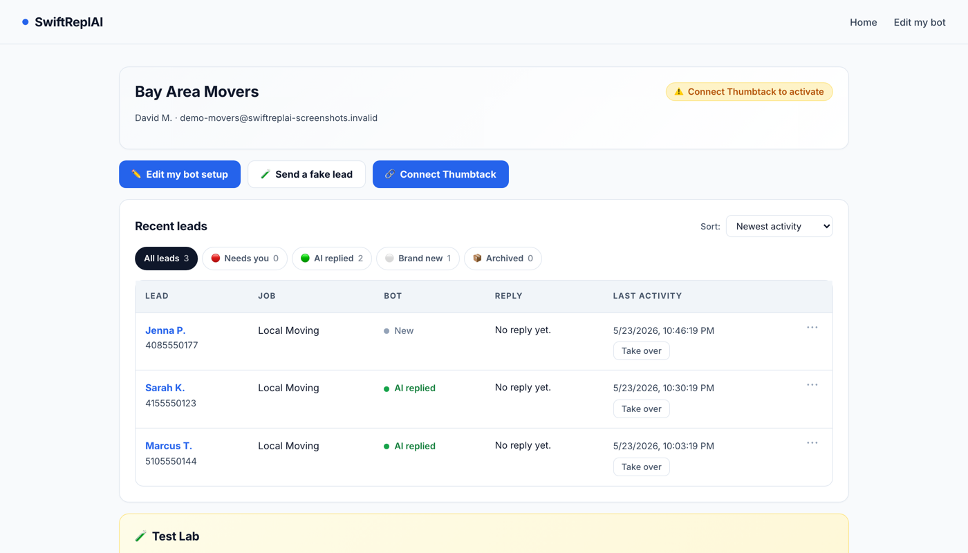 Lead inbox showing recent Thumbtack leads
