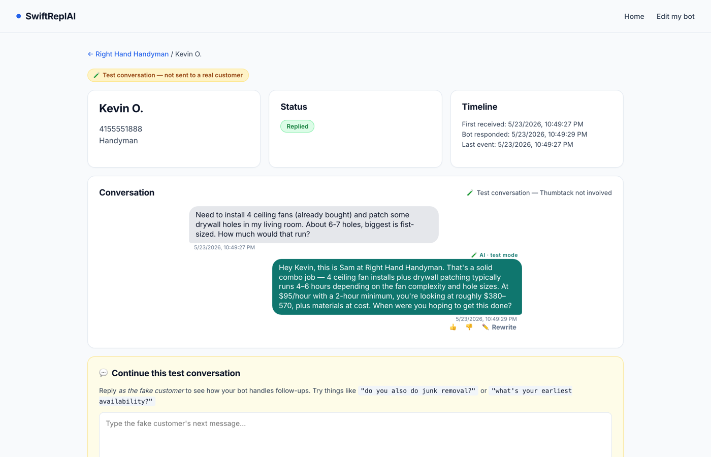 Test Lab in the dashboard showing a fake lead from Marcus and the AI's reply in real time